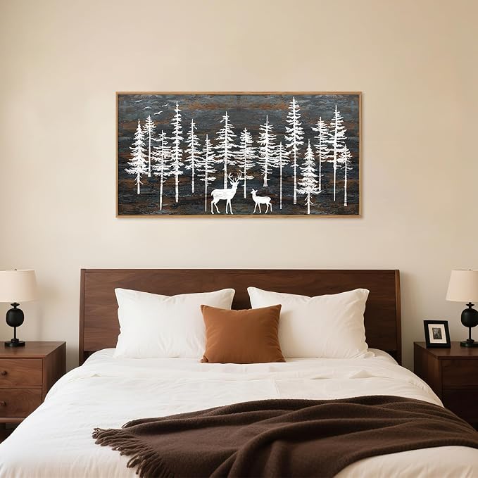 Modern White Forest Framed Canvas Wall Art Set, Minimalist Woodland Art Painting, Retro Tree Landscape Wall Decor, Wildland Deer Artwork for Living Room, Dining Room, Office-20 x40