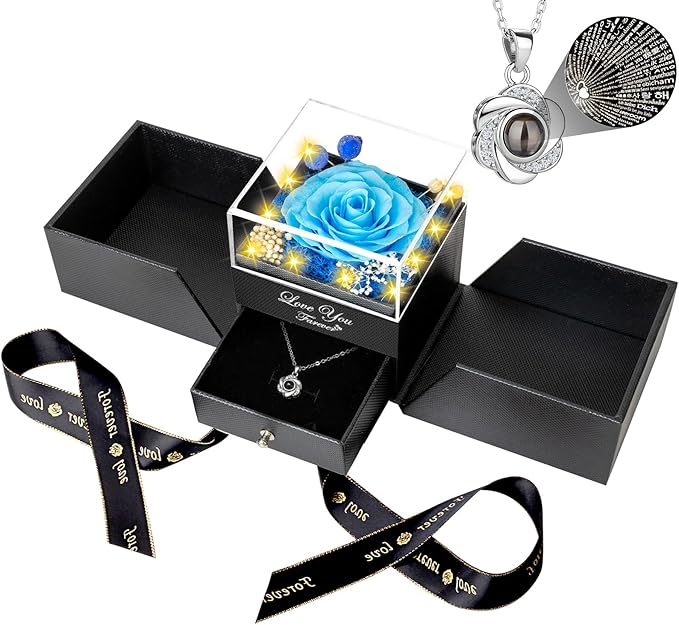 ENERLEAF Preserved Blue Real Rose-Eternal Flowers Rose Gifts for Mom Grandma Wife Girlfriend on Mothers Day Birthday Valentines Christmas Anniversary Romantic Gifts for Her with I Love You Necklace