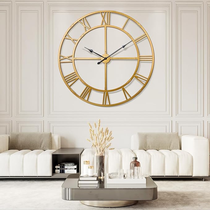 Large Wall Clock for Living Room Decor – 60 Inch Knocked-Down (KD) Silent Non-Ticking Modern Farmhouse Wall Clock, Oversized Decorative Metal Roman Numeral Clock (Gold, 60 Inch)