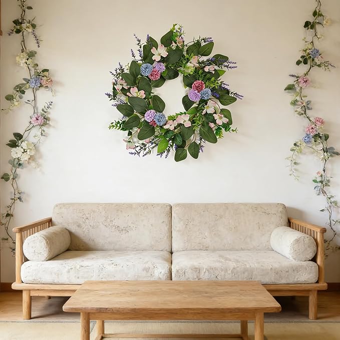 20 Inch Wreaths for Front Door, Spring Summer Flower Wreath - Purple Hydrangea Artificial Flowers for Easter, Home Decor, Farmhouse Wall, Porch, Front Door Decorations