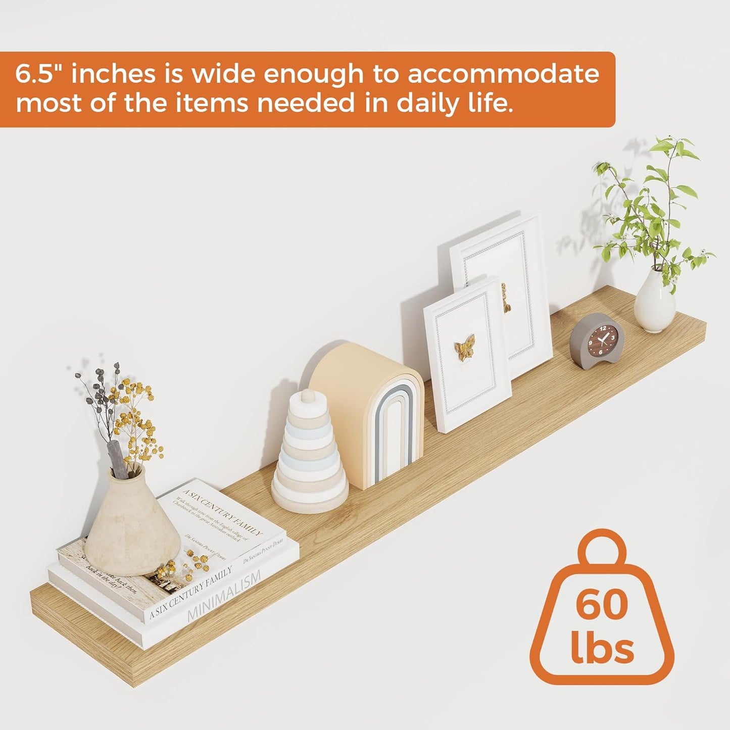 Fun Memories Floating Shelves for Wall, 40" Rustic Wood Deep Wall Mounted Shelves with Invisible Brackets for Decor & Storage, Floating Shelf for Living Room, Bathroom (Oak, Set of 2)