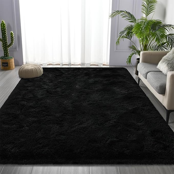 Deerhoo Large Shag Area Rugs 9 x 12, Plush Fuzzy Rugs for Living Room, Ultra Soft Fluffy Furry Rug for Bedroom, Indoor Carpet Nursery Rugs for Kids Room Home Decor, Black