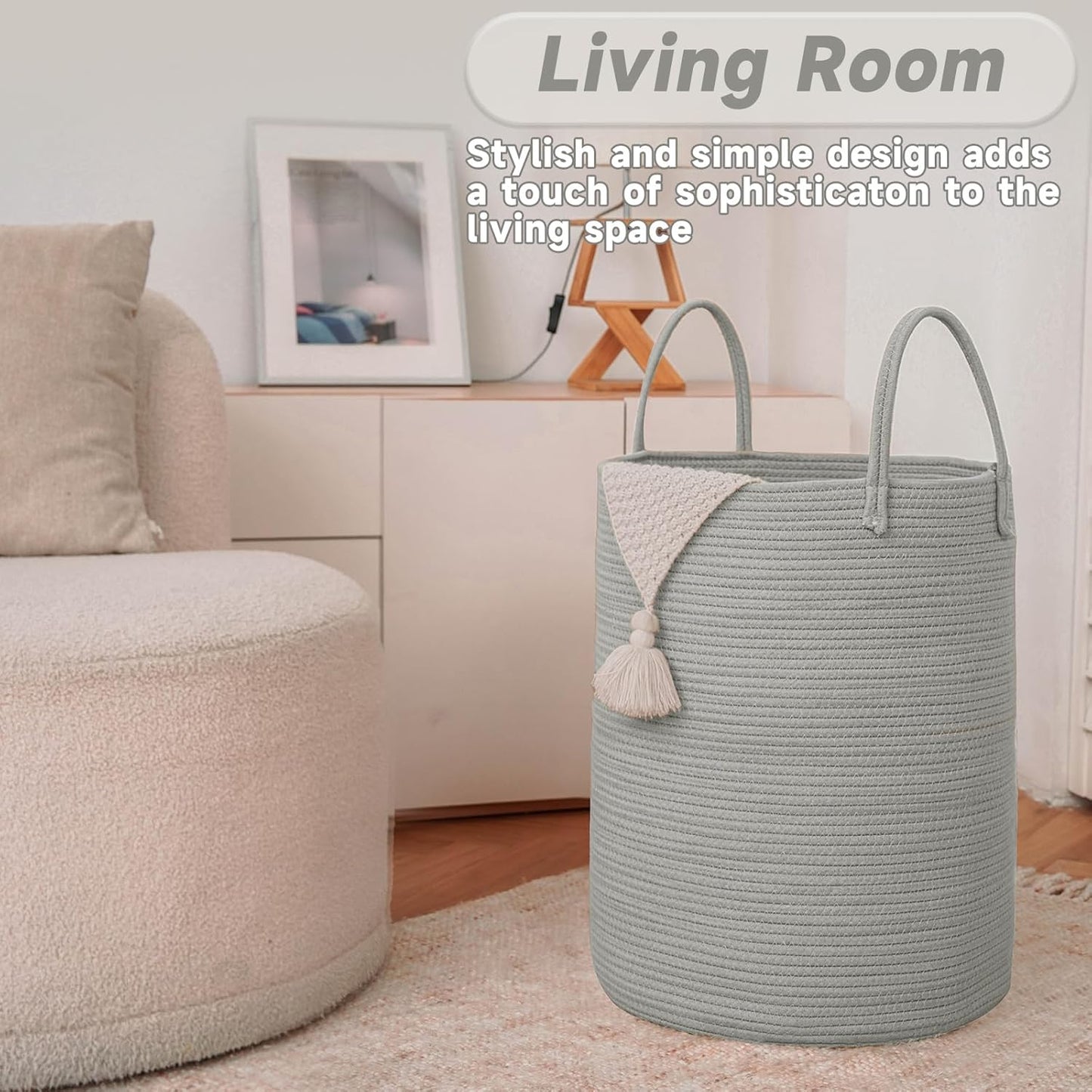 Large Woven Laundry Basket Hamper,80L Cotton Rope Storage Bin for Blankets,Toys and Clothes,Decorative Tall Nursery Hamper for Living Room,Baby Nursery,Bathroom and Bedroom,Grey