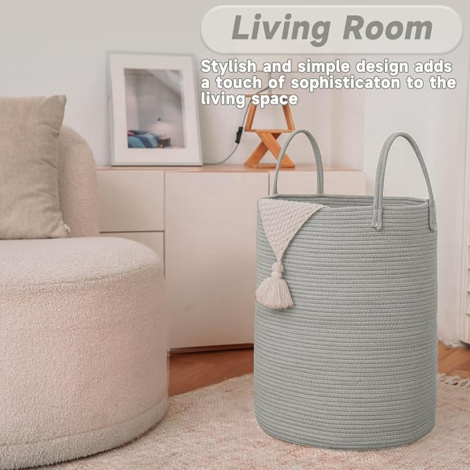 JMvicyroam Large Woven Laundry Basket Hamper,60L Cotton Rope Storage Bin for Blankets,Toys and Clothes,Decorative Tall Nursery Hamper for Living Room,Baby Nursery,Bathroom and Bedroom,Grey