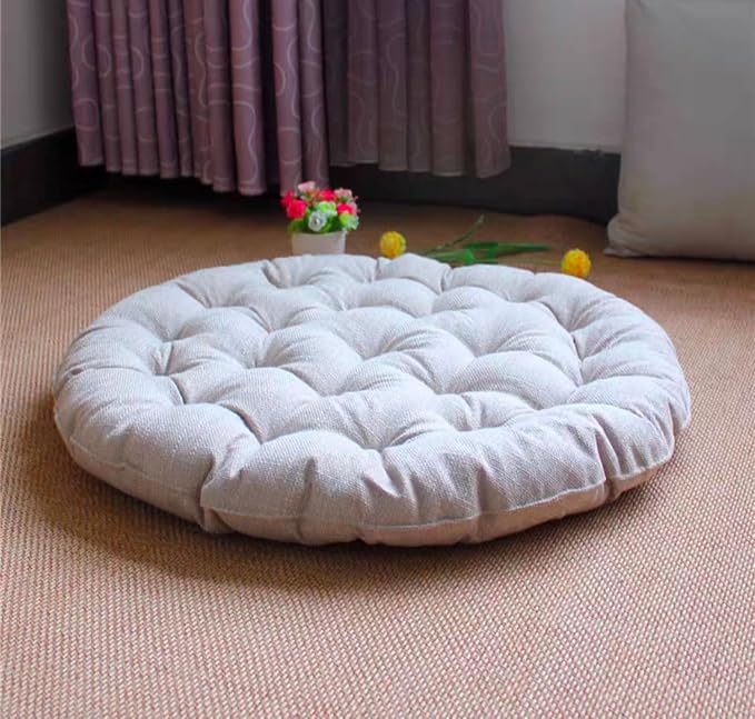 Large Linen Floor Cushions,Round Futon Pillows Japanese Style Tufted Floor Pillows Meditation Cushions for Seating On Pad for Yoga Sofa Balcony(Size:30x30inch,Color:Beige)