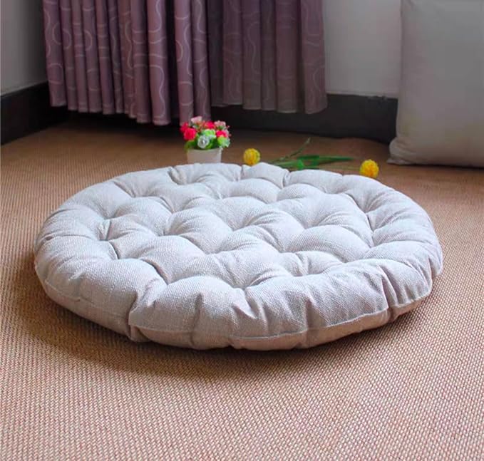 Large Linen Floor Cushions,Round Futon Pillows Japanese Style Tufted Floor Pillows Meditation Cushions for Seating On Pad for Yoga Sofa Balcony(Size:26x26inch,Color:Beige)