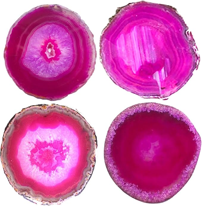 JIC Gem Set of 4 Dyed Pink Agate Geode Coasters 3-3.5'' Slices Rubber Bumpers Table Decor