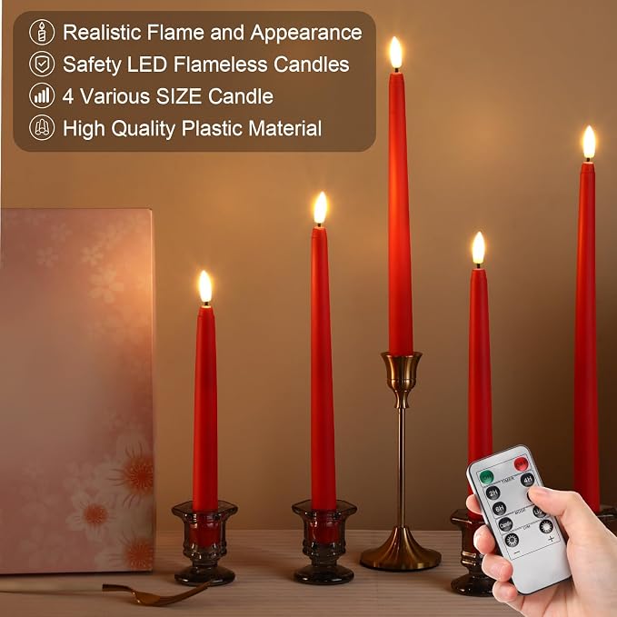 Rossesay 28 Pcs Flameless Taper Candles with Timer Remote 4 Sizes of 8.5", 9.6", 10.83", 12.8" LED Flickering Taper Candles Battery Operated for Valentine's Day Church Wedding Home Decor(Red)