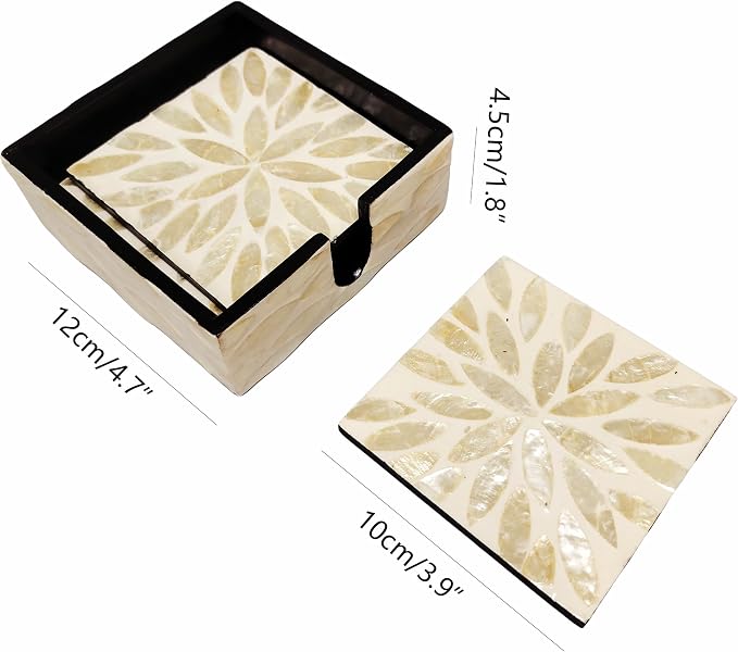 6 Pack Mother of Pearl Squre Coasters with Holder, Seashell Inlay Square Cup Holders with Organizer, Decorative Coasters Capiz Shell Trivet for Coffee Table, 5", I-lan (Gold Leaf)