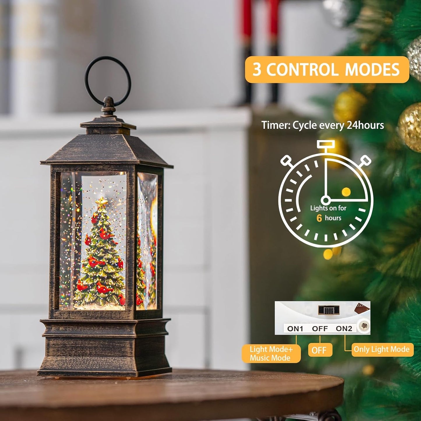 Christmas Snow Globe Lantern Water Glittering Christmas Tree with Music, USB Lined/Battery Operated Lighted Lantern for Christmas Festival Decoration Gifts