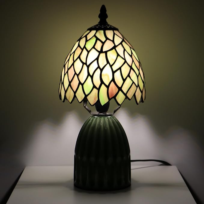 Tiffany Stained Glass Mushroom Table Lamp 12.5 Inch -Brownish Leaf | Tiffany Lamp,6X6X12.5 Inch,Small Night Light,Ceramic Base, Mini Accent Light Suitable,Bedside,Bedroom, Children Room,Antique