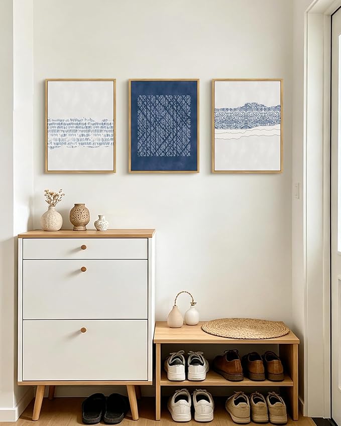 PHOPAGO Navy Blue Abstract Framed Wall Art Mid Century Minimalist Wooden Pastel Boho Wall Decor Modern Neutral Farmhouse Living Laundry Decor- 12x16in Natural Framed