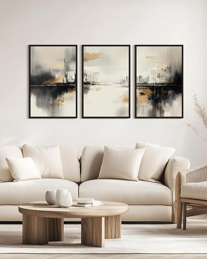PHOPAGO Black Gray Abstract Landscape Framed Wall Art Huge 24x36in Brown Tan Neutral Wall Decor Minimalist Modern Illustrations Prints Bedroom Home Decor - Black Framed