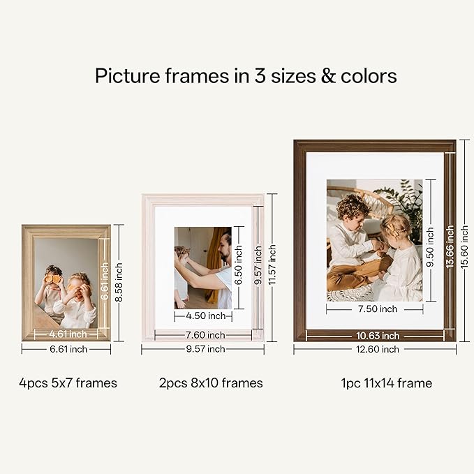eletecpro Gallery Wall Frame Set of 7, Multiple Sizes Solid Wood Picture Frames Collage Wall Decor Including 1Pc 11x14, 2Pcs 8x10, 4Pcs 5x7 Photo Frames, Natural, White, Brown