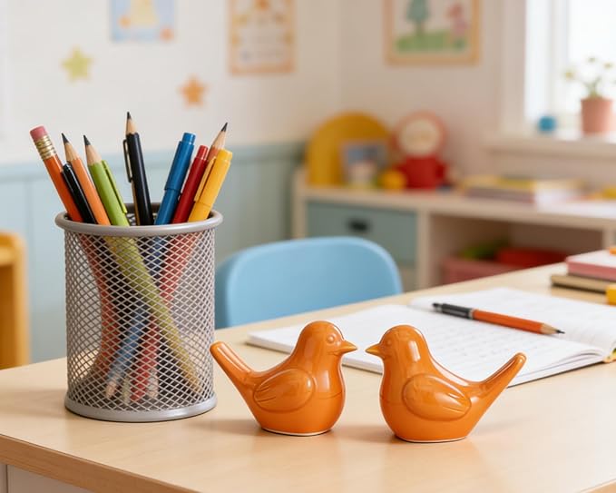 Small Orange Bird Statue Ceramic 2-Piece Set, 3¾ inch Cute Knick Knack for Home Office Shelf Desk Decor