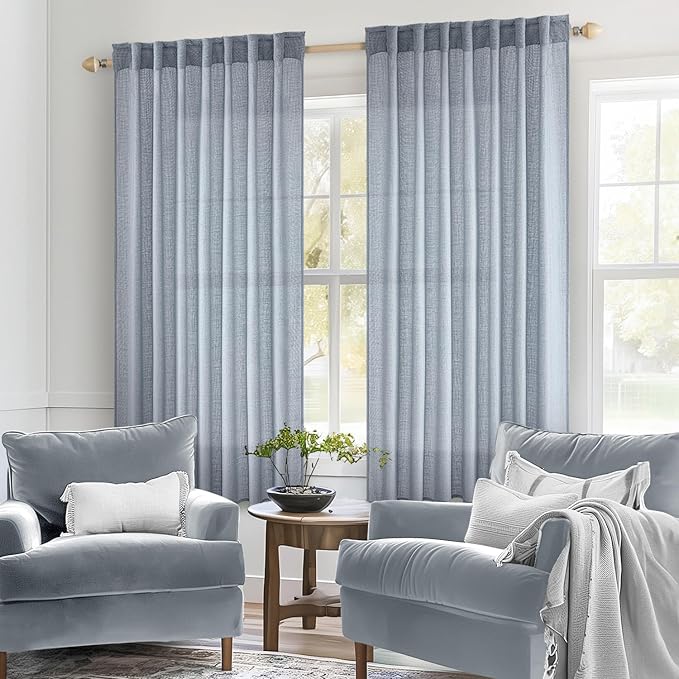 MIULEE Chambray Blue Linen Curtains 45 Inch Length 2 Panels for Bedroom Living Room, Soft Linen Textured Window Drapes Semi Sheer Light Filtering Back Tab Rod Pocket Farmhouse Modern Burlap Look Decor