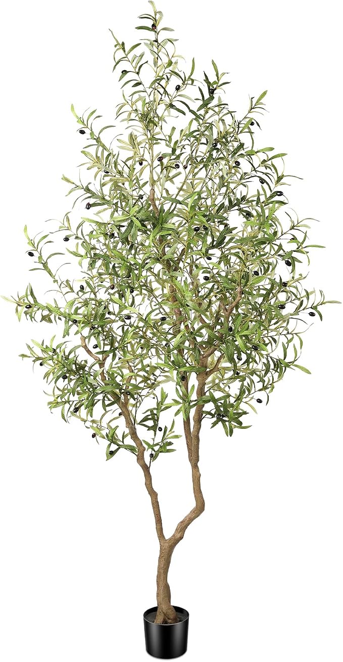 FEELEAD 8ft Faux Olive Tree - Large Realistic Artificial Olive Trees 8 Feet (96") Indoor Fake Plants with Realistic Trunk, Adjustable Branch, Olive Silk Tree with Planter for Home Living Room Decor