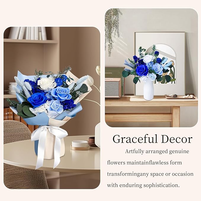 FNCHAI Preserved Roses Bouquet – Flowers for Delivery, Valentines Day Gifts for Him, Long-Lasting Romantic Real Roses for Anniversary, Graduation, Father’s Day & Beach Weddings (Blue)