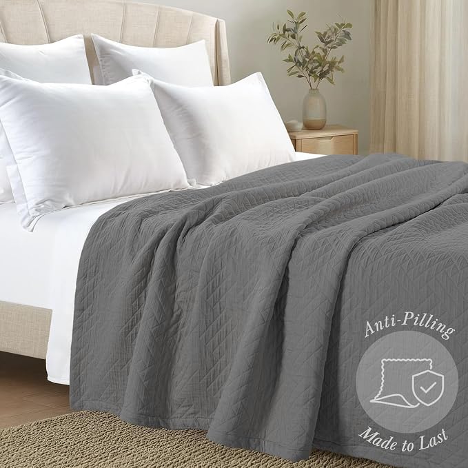 Threadmill Luxury Cotton Blankets for Queen Size Bed | All-Season 100% Cotton Queen Size Blanket | Criss Cross Jacquard Cozy Lightweight, Soft Breathable Coverlet fits Full Size Bed, 90x92 | Dark Grey