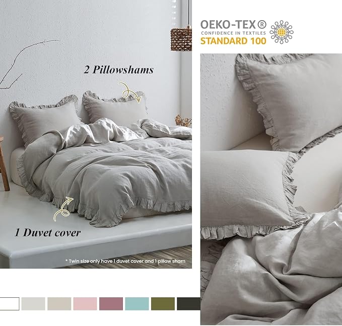 Simple&Opulence 100% Linen Duvet Cover Set, 3 PCS Natural French Flax Light Grey Ruffle Duvet Cover King Size, Breathable Comfy Linen Bedding Comforter Cover with 2 Pillowcases(Light Grey, 104"X 92")