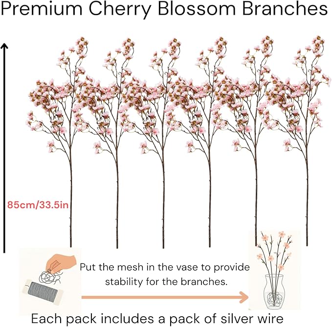 Pink Cherry Blossom Branches – 6 Pcs 33.5" Long Stem Artificial Flowers for Tall Vase, Faux Silk Spring Decorations for Home, Realistic Fake Pink Flowers for Bedroom & Wedding Centerpiece Decor
