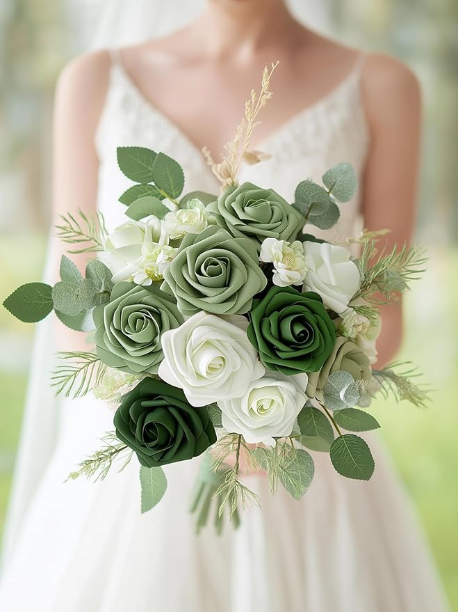 InnoGear Artificial Flowers, 50 Pcs Shades of Forest Green Rose Foam Fake Roses Bulk with Stems for Spring St. Patrick's Decoration DIY Wedding Bouquets Centerpieces Bridal Shower Party