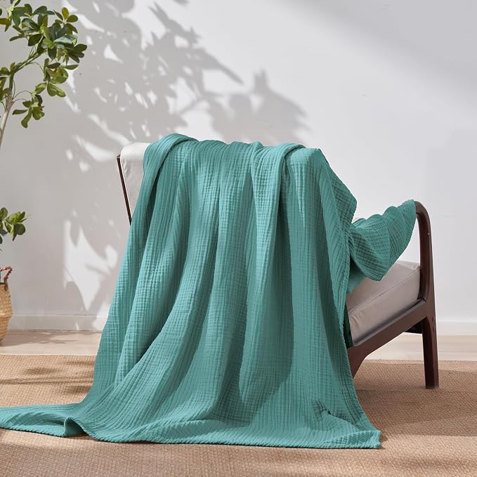 David's Home 100% Natural Cotton Muslin Blanket Queen Size, 4-Layer Soft Breathable Lightweight Comfy Cozy Throw Guaze for Hot Sleepers, 3D Bubble Room Decor for Bed Couch, Giftable, Teal, 90"x90"