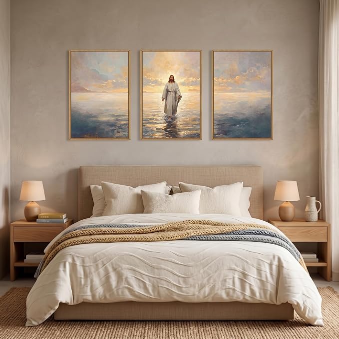 Large Jesus Christian Framed Canvas Wall Art Set,Jesus Walking On The Water Wall Decor,Vintage Religious Ocean Artwork for Living Room,Bedroom,Prayer Room,Church-24 x36 x3