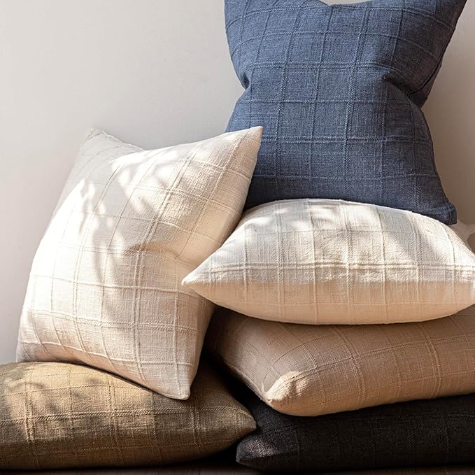 Foindtower Set of 2 Decorative Linen Check Throw Pillow Covers Neutral Farmhouse Lumbar Cushion Covers Modern Boho Home Decor for Sofa Chair Couch Bedroom Living Room,12×24 Inch,Natural Beige