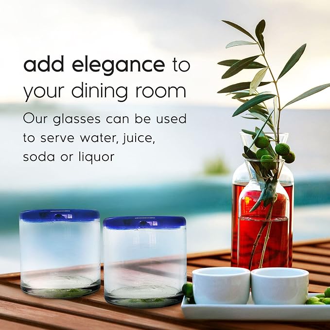 Cobalt Blue Rim 8 oz DOF Rock Glasses (set of 6), Recycled Glass, Lead-free, Toxin-Free (DOF Rocks)