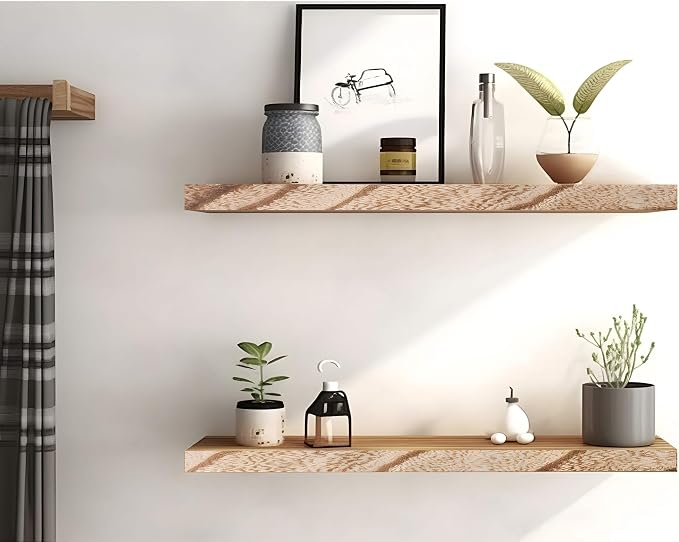 YYWUOJJ Wood Floating Shelves for Wall Decor, Rustic Wall Shelves for Bedroom Bathroom Kitchen Living Room, Set of 6 Light Walnut