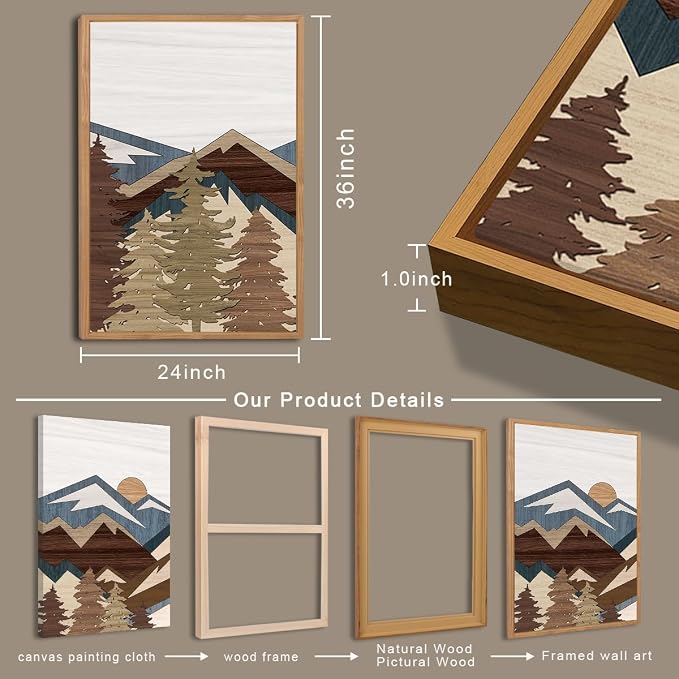 BINCUE Large Boho Mountain Wall Art Framed Mountains Wall Paintings Set of 3 Forest Mountain Sun Wall Decor Boho Landscape Artwork Rustic Mountains Art Prints for Living Room Bedroom Office Farmhouse 24x36 Inch Gift