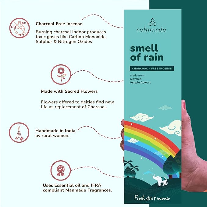 CALMVEDA Fresh Rain Incense Sticks - (80 Scent Sticks) Charcoal Free, Made from Upcycled Flowers | Like Petrichor Aroma of Rain Soaked Earth | Relaxing Scents for Meditation Incense