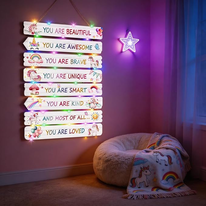 Vintage Classic Unicorn Sign Nursery Wall Decor Set of 8 with LED Lights, 11.4x2 Pink Cute Plaque Wall Art for Baby Girl Kid Teen Toddlers, 8 PCS Positive Wooden Quote Gift for kawaii Fairy Room