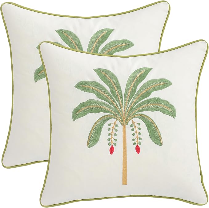 Palm Tree Pillow Covers 18x18 Inch Set of 2 Vintage Tropical Embroidered Throw Pillow Covers Outdoor Decorative Cushion Cover Sage Green Square Pillowcase for Spring Summer Home Decor