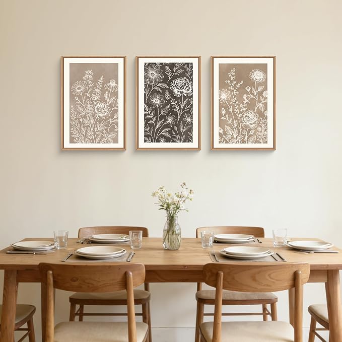 Neutral Boho Flower Framed Canvas Wall Art Set,Vintage Moody Rose Peony Daisy Wildflower Decor,Modern Natural Brown Black Floral Botanical Artwork for Living Room,Bedroom,Farmhouse-16 x24 x3
