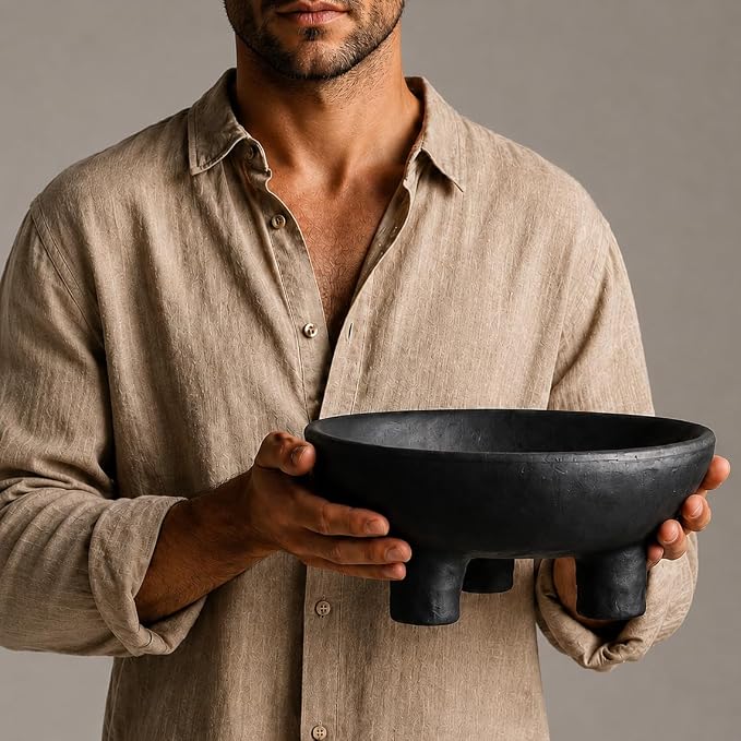 Black Concrete Decorative Bowl, 12 Inch Large Footed Bowl for Home Decor, Heavyweight Pedestal Bowl, Matte Black Centerpiece Bowl for Coffee Table, Shelf, Console, Entryway, Outdoor Styling