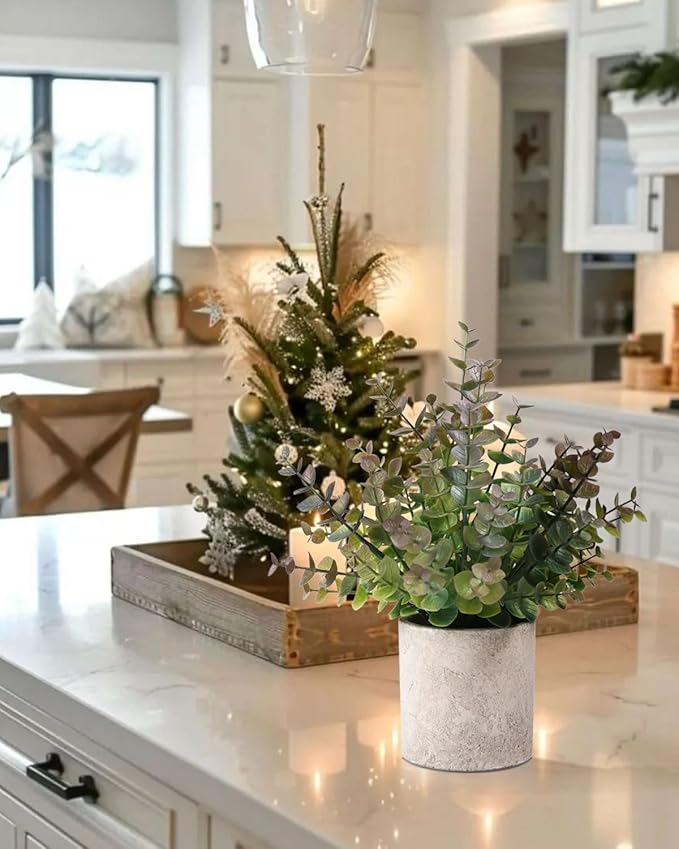 Coferset 2 Pack Small Fake Plants Christmas Greenery Eucalyptus Potted Artificial Plants for Shelf Desk Home Bathroom Farmhouse Room Coffee Table Decor Christmas Decor(Purple)