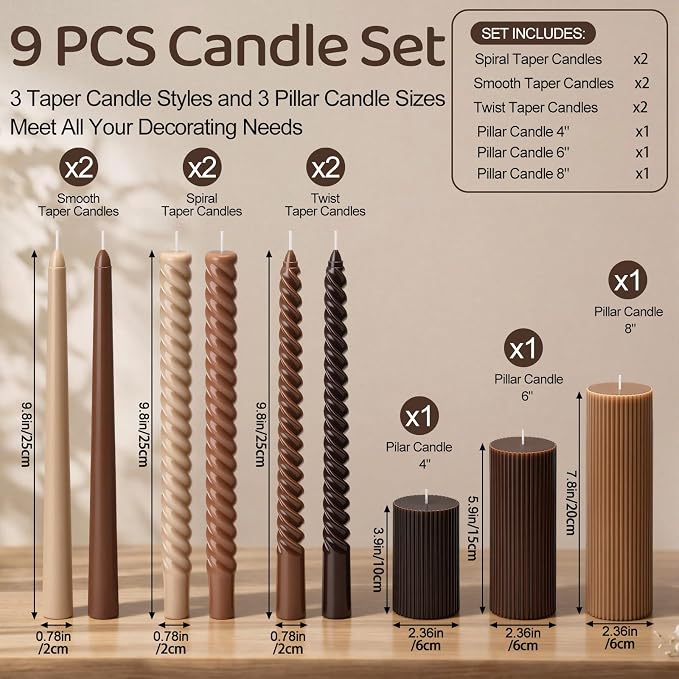 Conelist 9 Pcs Modern Decorative Candles Set, 3 Pillar Aesthetic Ribbed and 6 Spiral Taper Twisted Candles, Unscented Soy Wax for Wedding Holiday Dinner Home Decor(Brown)
