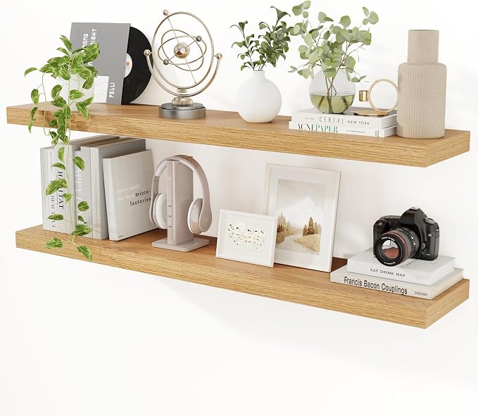 Floating Shelves for Wall, 48 inch Oak Floating Shelves 2 Packs, 9.3in Deep Wall Mounted Floating Shelf, Extra Long Storage Shelf for Living Room, Bathroom, Kitchen, Office, Floating TV Stand