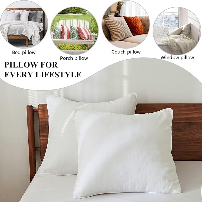 Simple&Opulence 100% Linen Euro Shams with White Trim Edges, 26"x26" Home Decorative Pillow Cover Set of 2, Basic Style Pillow Shams, White
