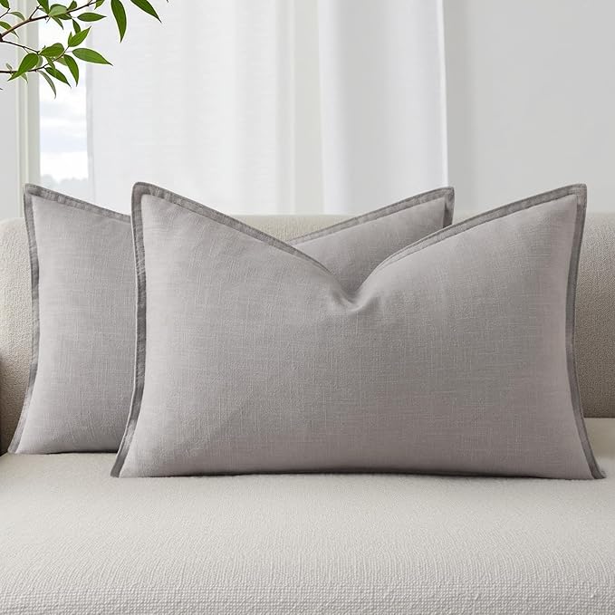 decorUhome Summer Decorative Linen Throw Pillow Covers 12x20 Inch Set of 2 Light Grey Lumbar Pillow Covers with Flange Edges Soft Farmhouse Boho Accent Pillow Cases for Couch Bed Living Room