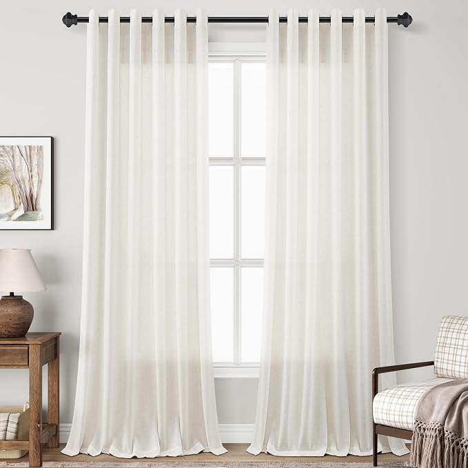 Extra Wide Cream Linen Grommet Curtains 96 Inches Length 8FT for Living Room Sliding Glass Door Ivory Semi Sheer Curtain Light Filtering Drapes Floor to Ceiling Length 2 Panel Decor Natural 70x96