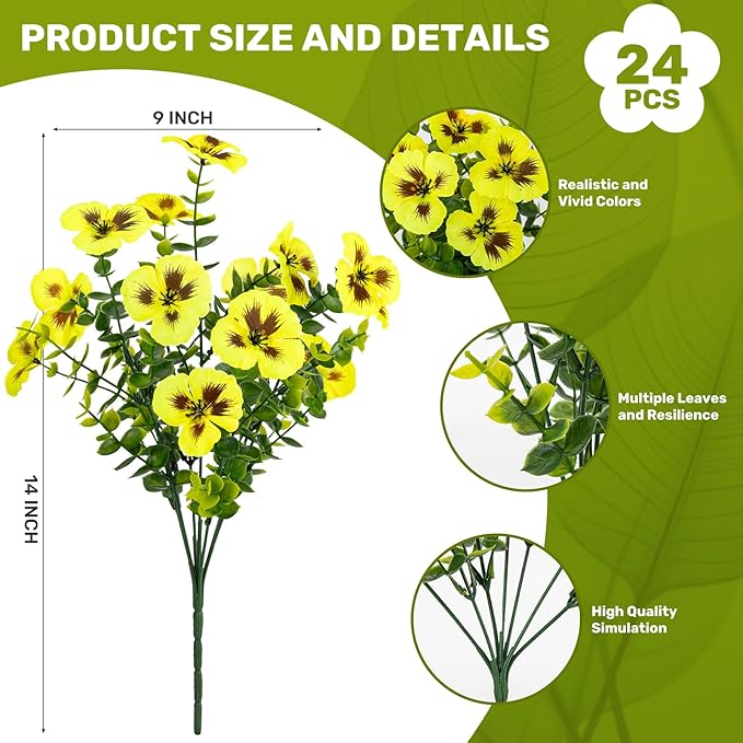 24 Pcs Artificial Fake Pansy Flowers for Outdoor,Faux Silk Plants Flowers UV Resistant Pansies Spring Flowers for Planter Front Door Porch Yard Patio Garden Window Box Home Decor(Yellow)