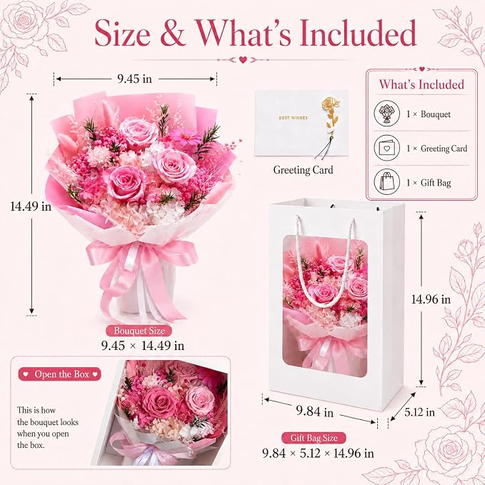 Preserved Pink Rose Bouquet, 100% Real Flowers for Women Mother Wife, Long-Lasting Eternal Roses with Gift Box, Forever Flowers for Anniversary Birthday Mother's Day, Lasts 3-5 Years