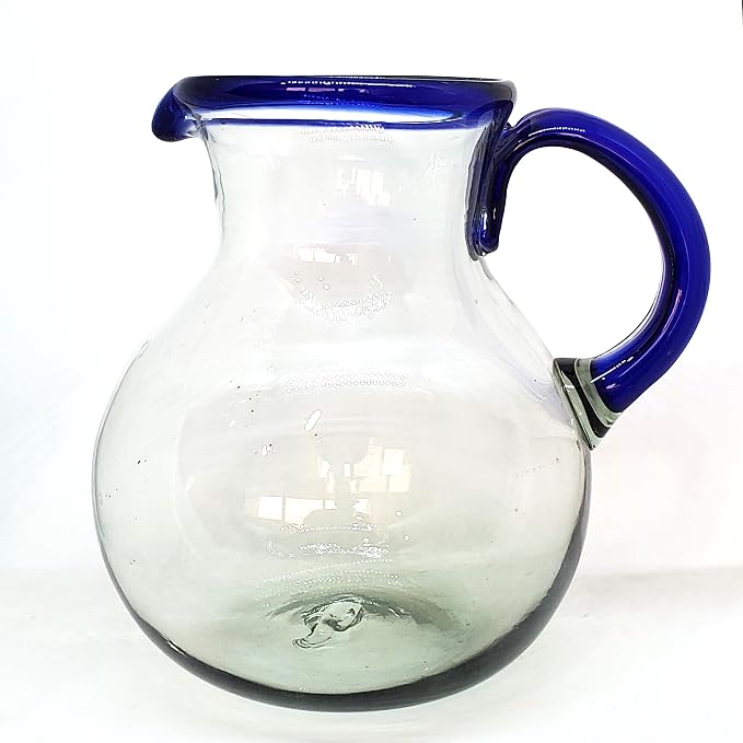 Cobalt Blue Rim 120 oz Large Bola Pitcher, Recycled Glass, Lead-free, Toxin-Free (Pitcher)