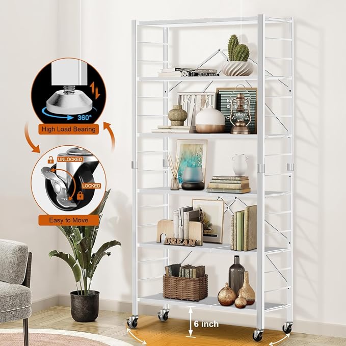 Himix 6 Tier Foldable Storage Shelves, Expandable Folding Bookshelf with Wheels, Changeable into 2 Shelf Units, Collapsible Adjustable Storage Rack Metal Shelves for Garage Kitchen, Basement, White