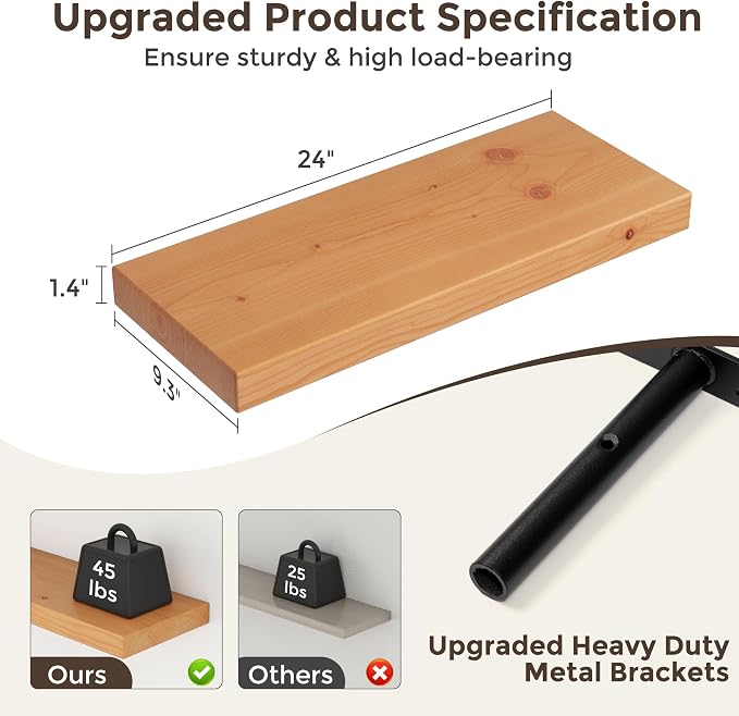 Axeman 24 Inch Floating Shelves for Wall, 9.3" Deep High End Solid Real Wood Wall Shelves with Heavy Duty Invisible Bracket for Living Room, Bedroom, Kitchen, Bathroom, Set of 2, Natural
