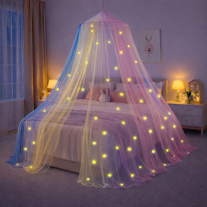 Bollepo Bed Canopy for Girls with Glowing Stars - Canopy Bed Curtains | Fits Single, Twin, Full, Queen Size Kids - Princess Bed Canopy | Rainbow Bedroom Accessories, Netting Room Decor, Ceiling Tent