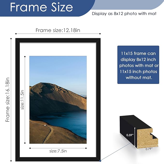 PEALSN 11x15 Picture Frames Set of 6, Display Pictures 8x12 with Mat or 11x15 without Mat for Wall Mounting, Photo Frames Collage for Wall Decor, Black.